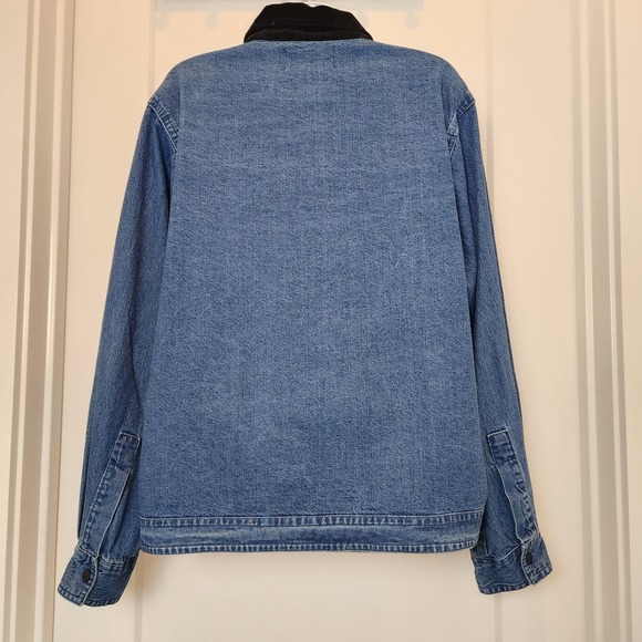 Vintage 90s XL Denim Shacket Shirt Jacket Snowman Button Velvet Collar Holiday - Picture 3 of 13